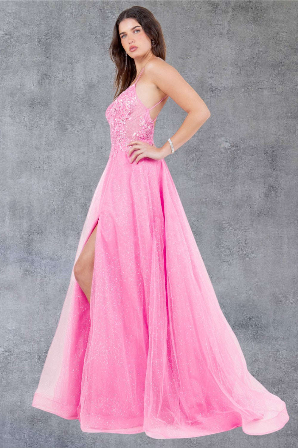Prom Dresses Long Beaded Formal A Line Lace Prom Dress Hot Pink