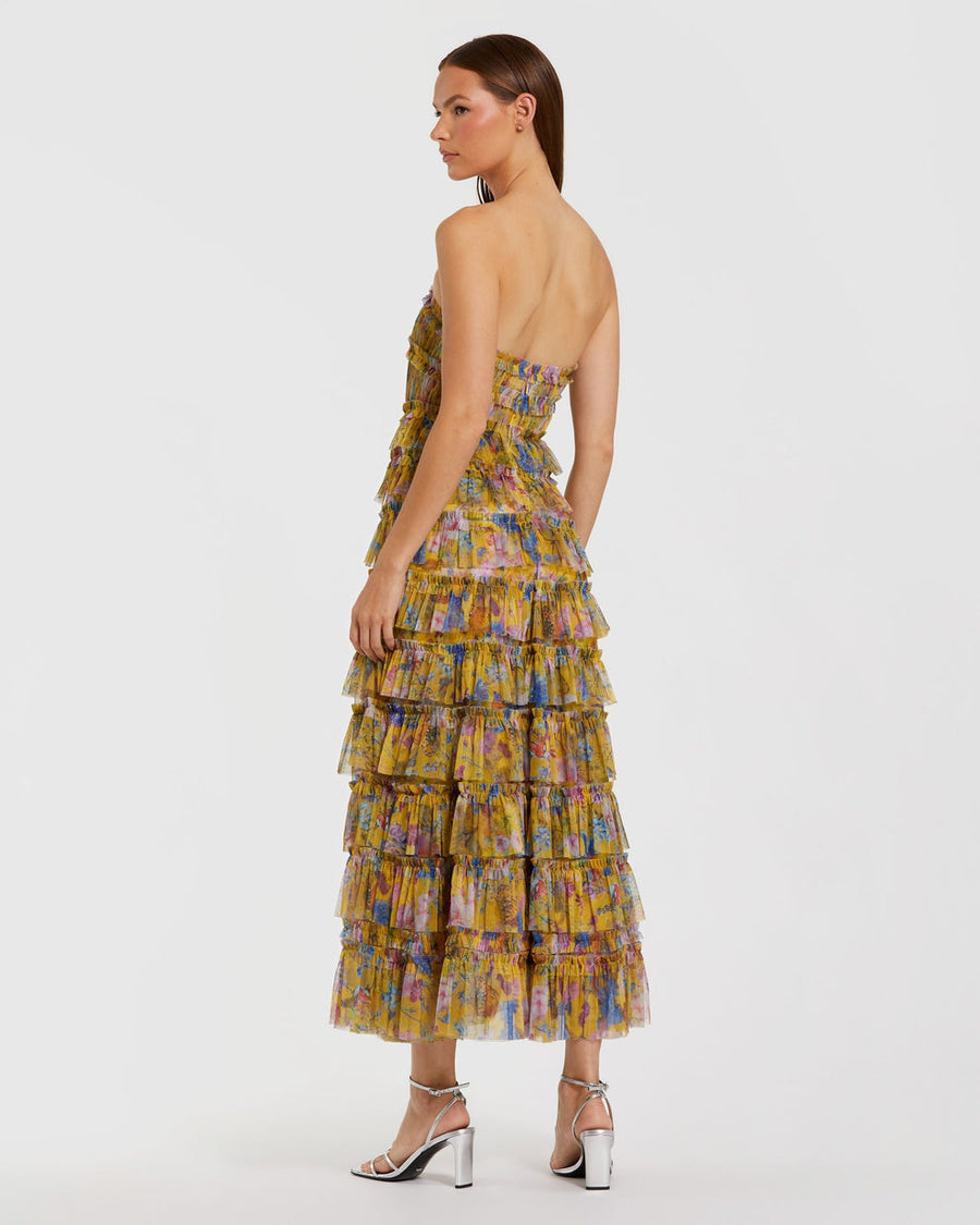 Cocktail Dresses Midi Length Short Floral Cocktail Dress Yellow Multi