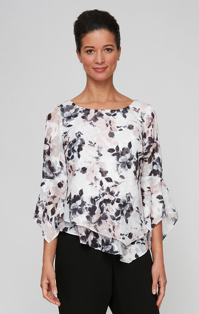 Top Formal Tiered Printed Blouse Top Ivory Pink