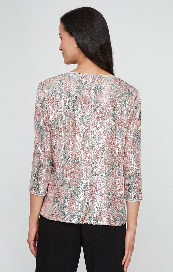 Top Printed Formal Sequin 3/4 Sleeve Top Blush Multi