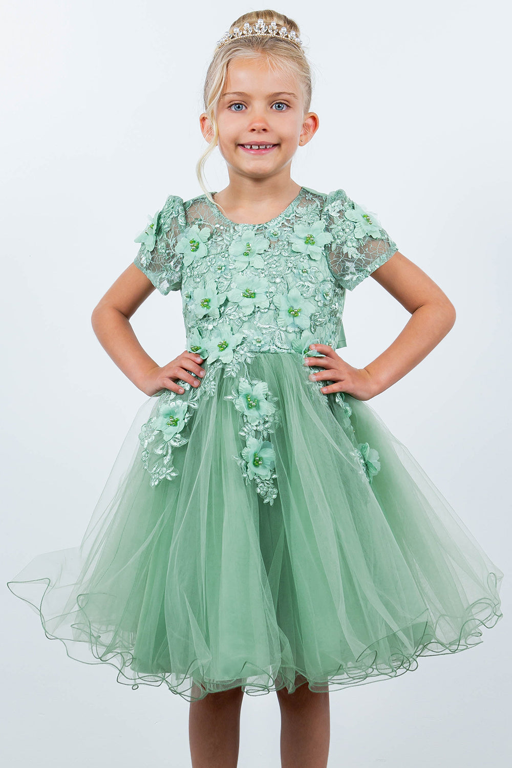 Flower Girl Dresses Short 3D Floral A Line Flower Girl Dress Sage