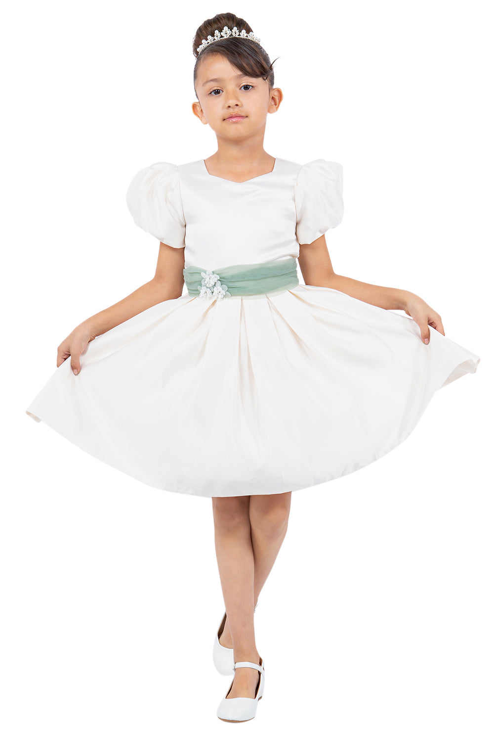Short A Line Puff Sleeve Flower Girl Dress Ivory