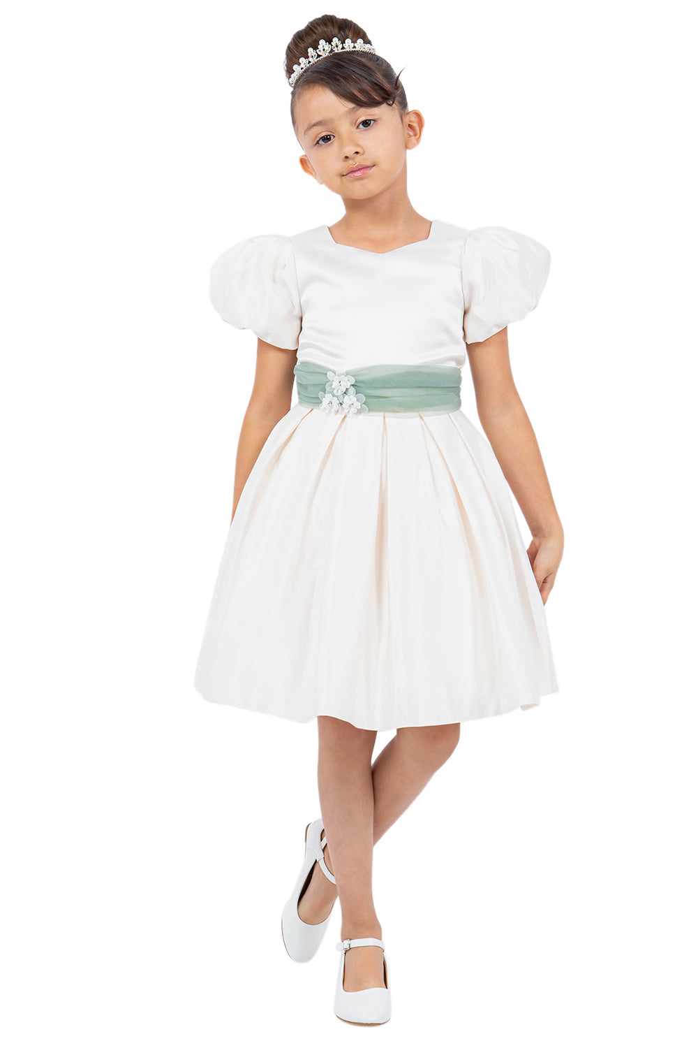 Short A Line Puff Sleeve Flower Girl Dress Ivory