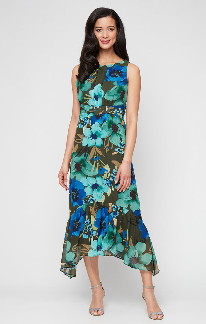 Cocktail Dresses Long Print Tea Length Cocktail Dress Blue/Multi