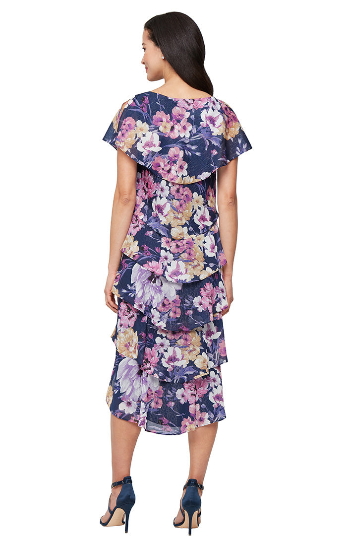 Cocktail Dresses Short Printed Midi Length Cocktail Dress Navy Multi