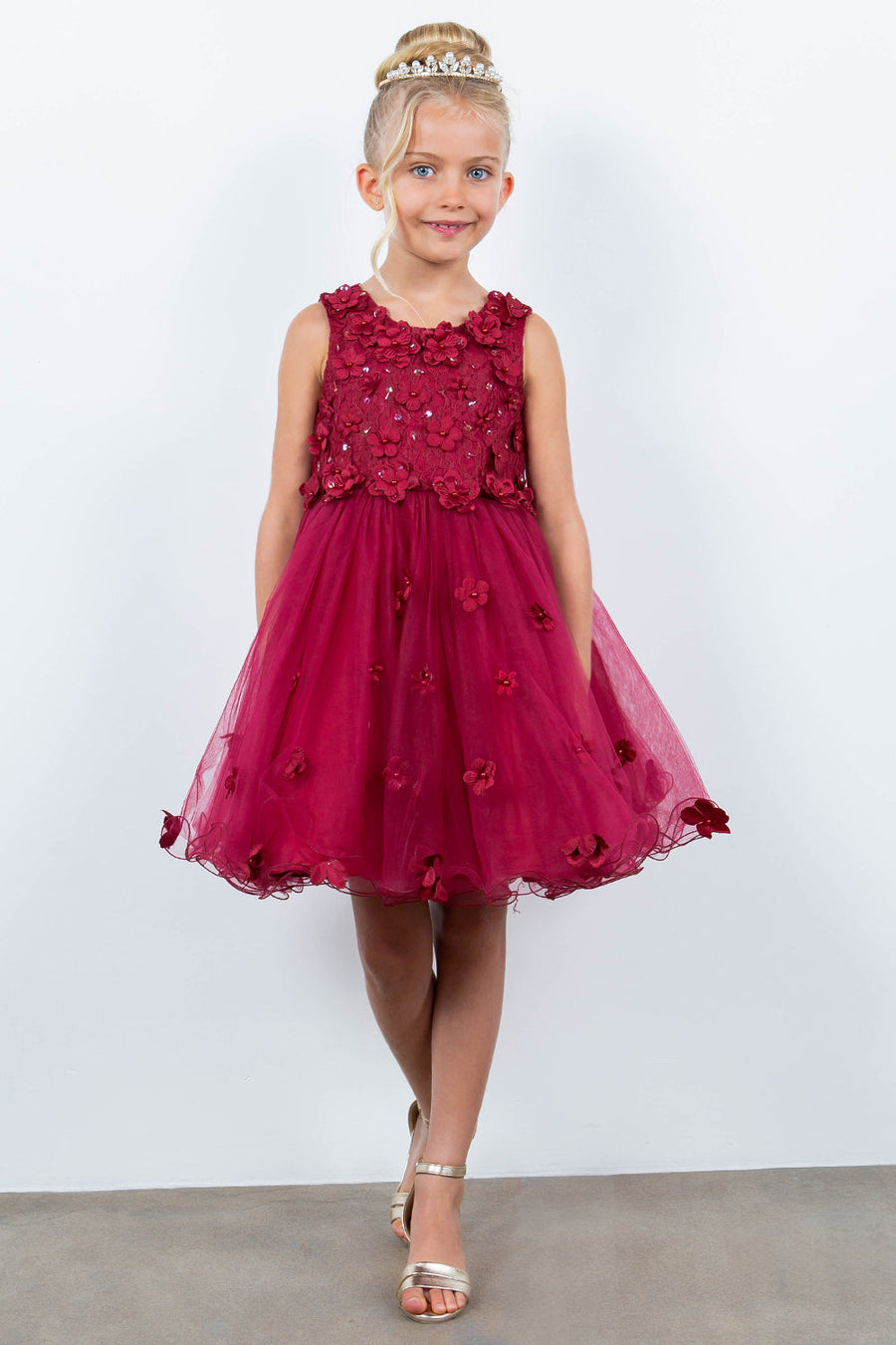 Flower Girl Dresses Flower Girl 3D Floral Applique A Line Short Dress Burgundy