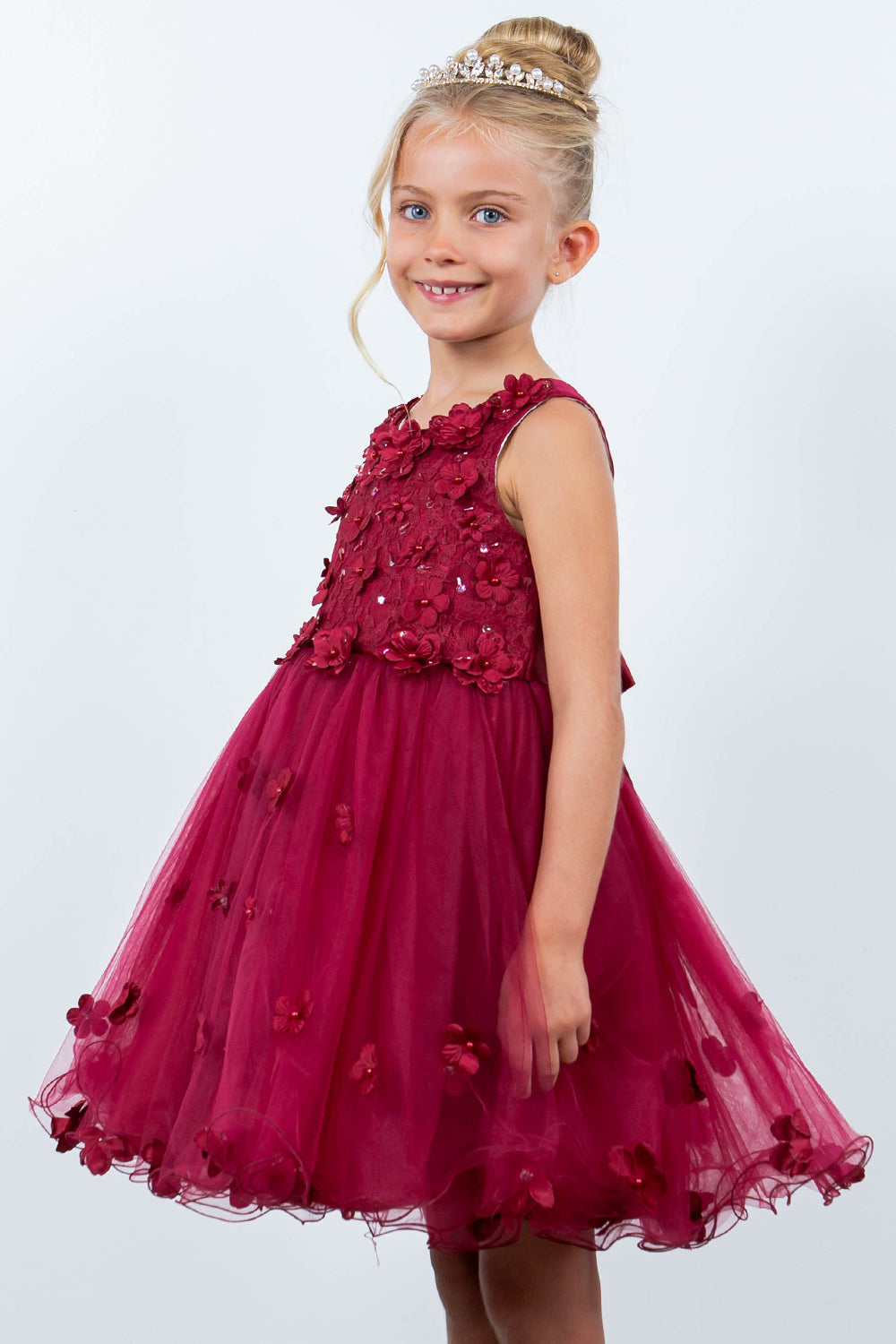 Flower Girl Dresses Flower Girl 3D Floral Applique A Line Short Dress Burgundy