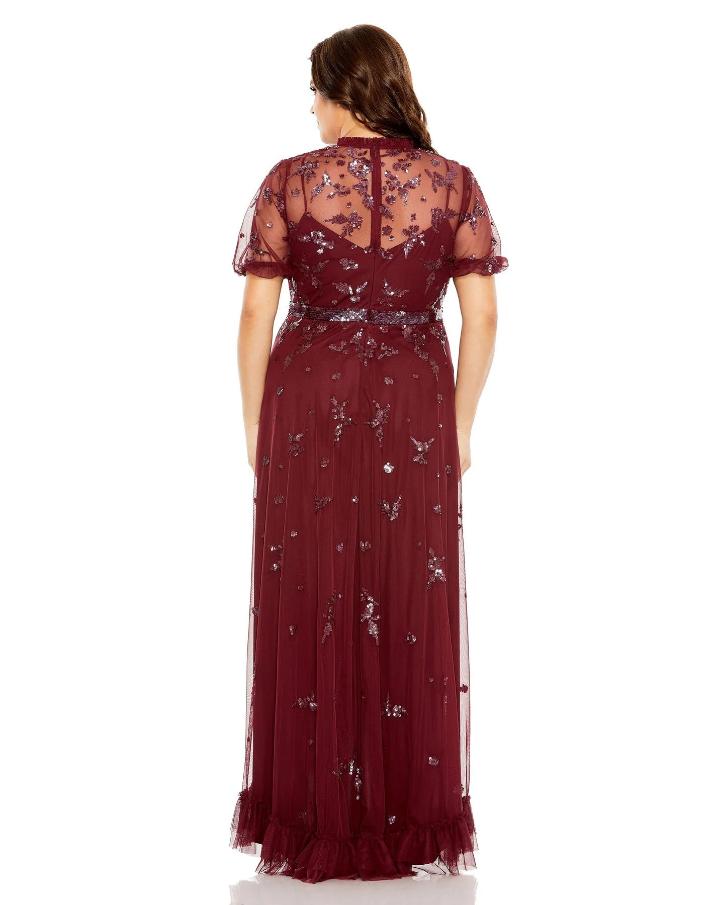 Plus Size Dresses Plus Size Puff Short Sleeve Embellished Faux Wrap Maxi Dress Bordeaux