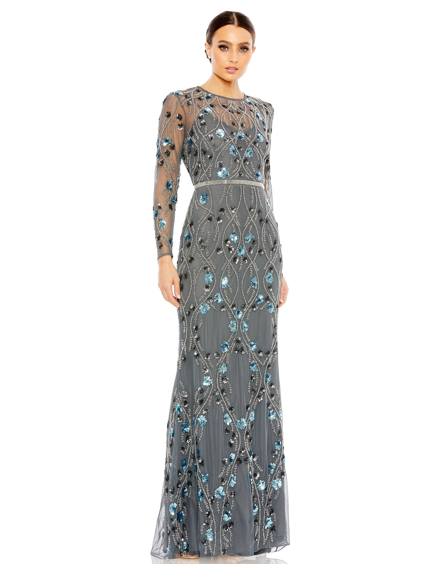 Formal Dresses Long Sleeve Beaded Floral Evening Formal Gown Charcoal