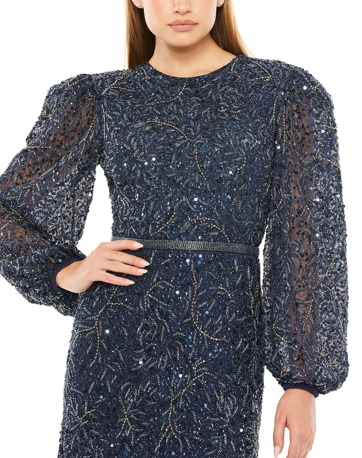 Mother of the Bride Dresses Sheer Long Sleeve Beaded Dress Midnight