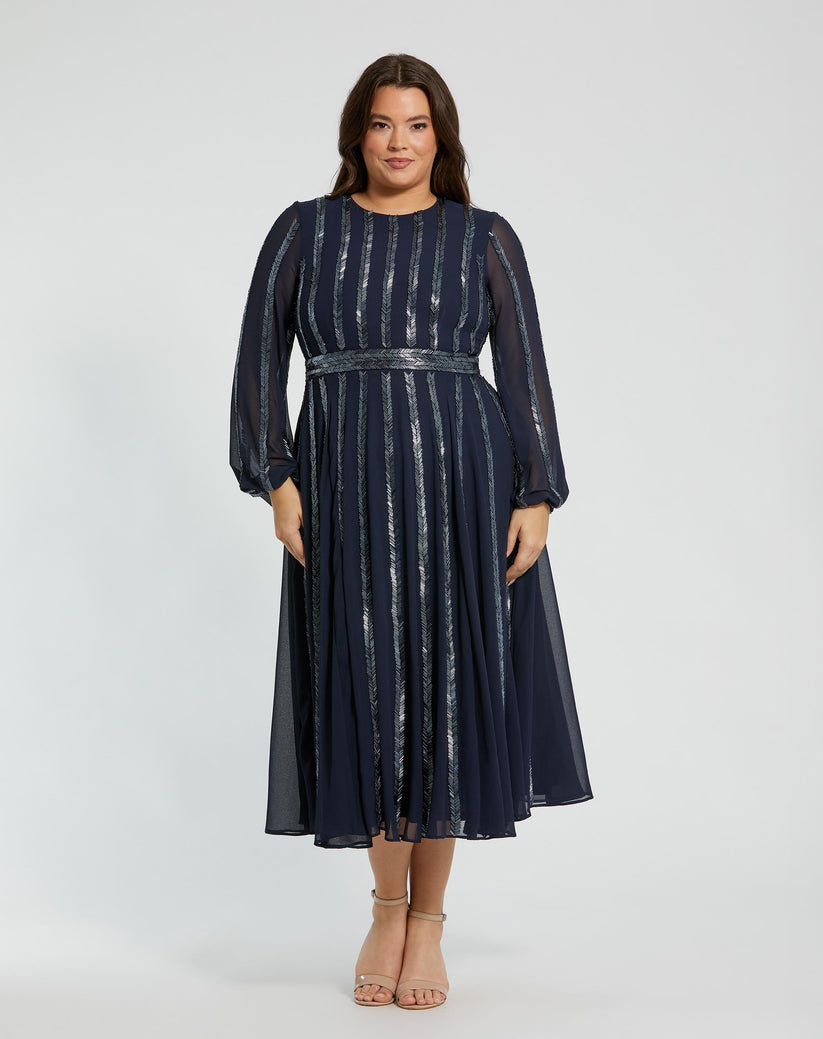 Plus Size Dresses Long Sleeve Plus Size Formal Sequin Midi Length Dress Midnight