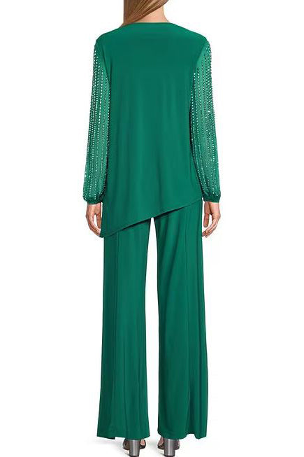 Pant Suit Plus Size Long Sleeve Formal Beaded Pant Suit Emerald
