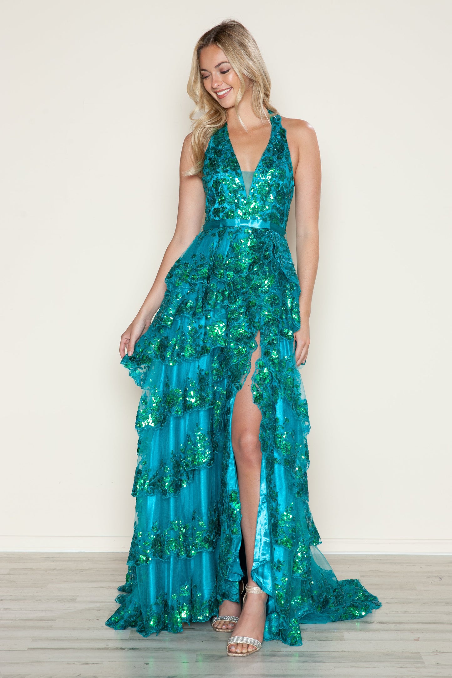 Prom Dresses Long A Line Slit Tiered Layered Formal Prom Dress Teal