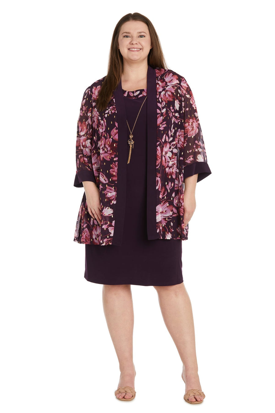 Plus Size Dresses Short Printed Floral Jacket Mother of the Bride Dress Eggplant