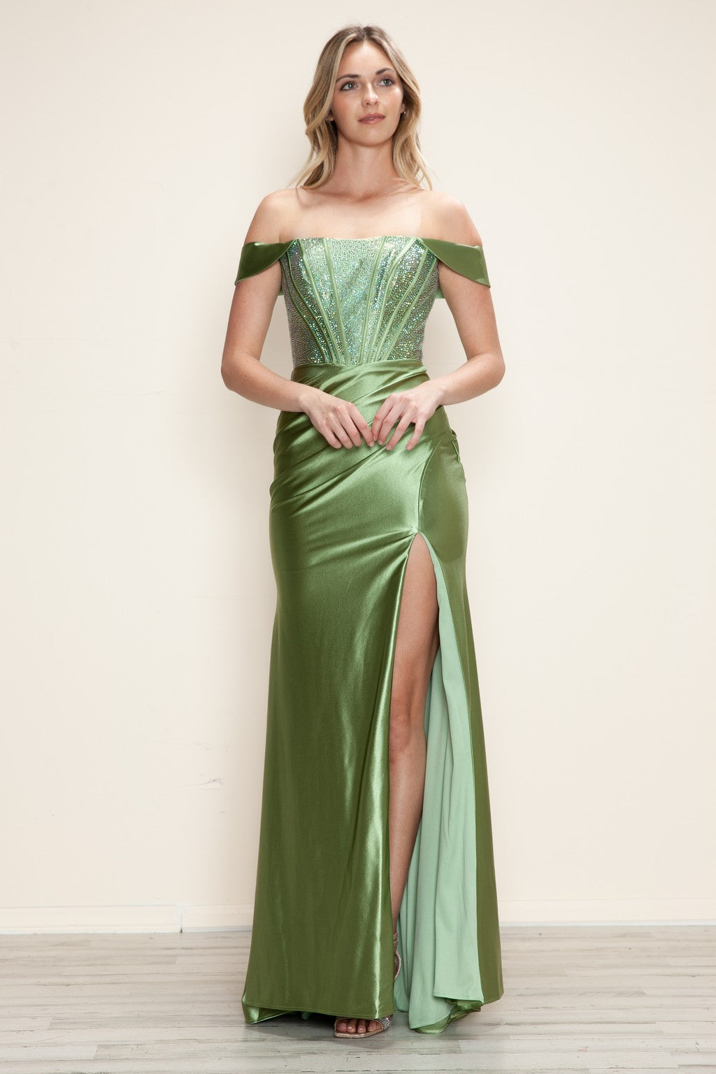 Prom Dresses Long Fitted Slit Formal Beaded Prom Dress Sage