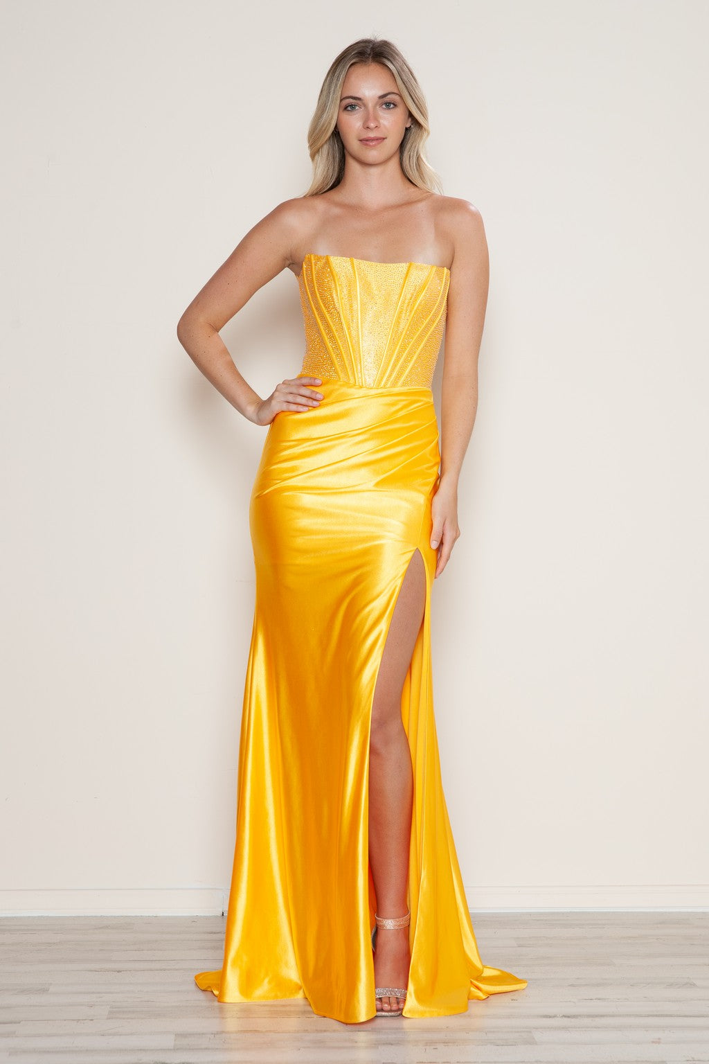 Prom Dresses Long Fitted Slit Formal Beaded Prom Dress Yellow