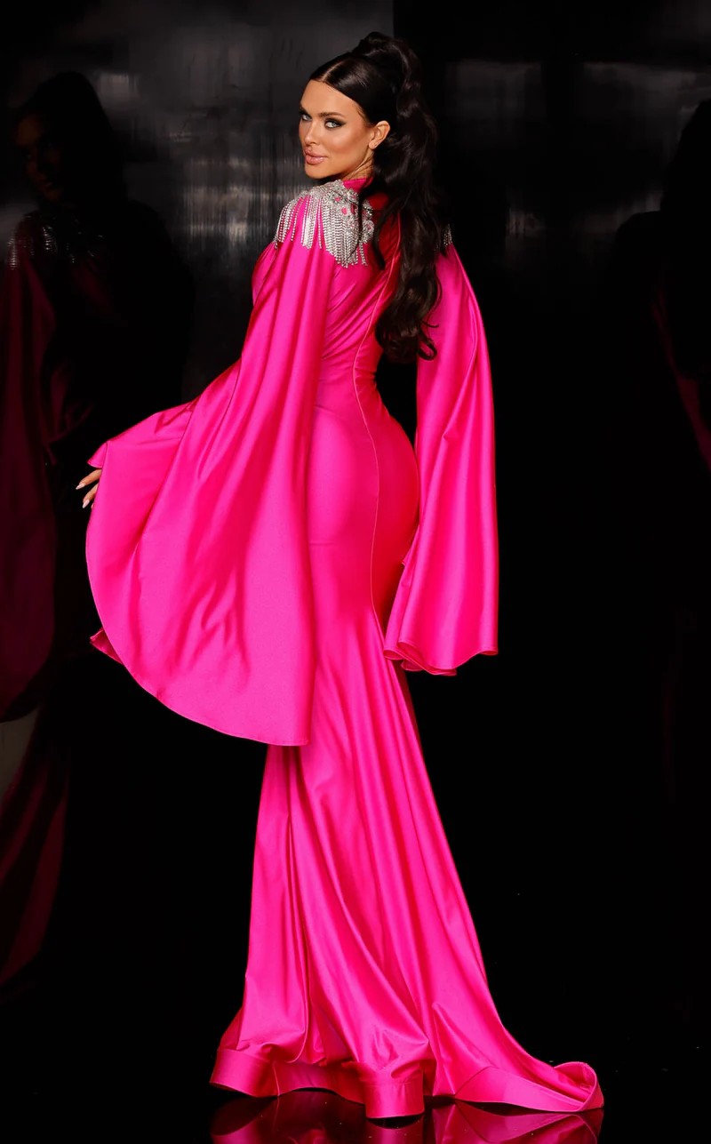 Prom Dresses Long Sleeve Formal Fringe Applique Evening Dress Fuchsia