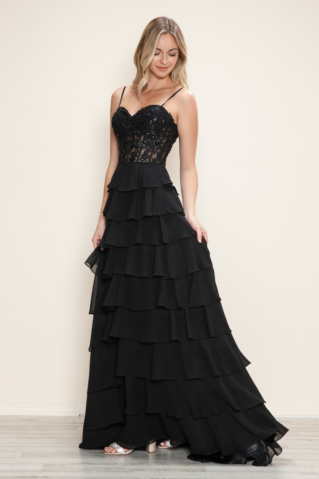 Prom Dresses Long Formal A Line Tiered Applique Prom Dress Black