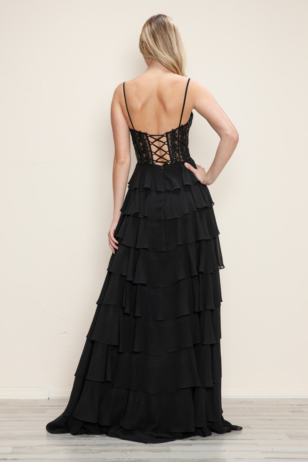 Prom Dresses Long Formal A Line Tiered Applique Prom Dress Black