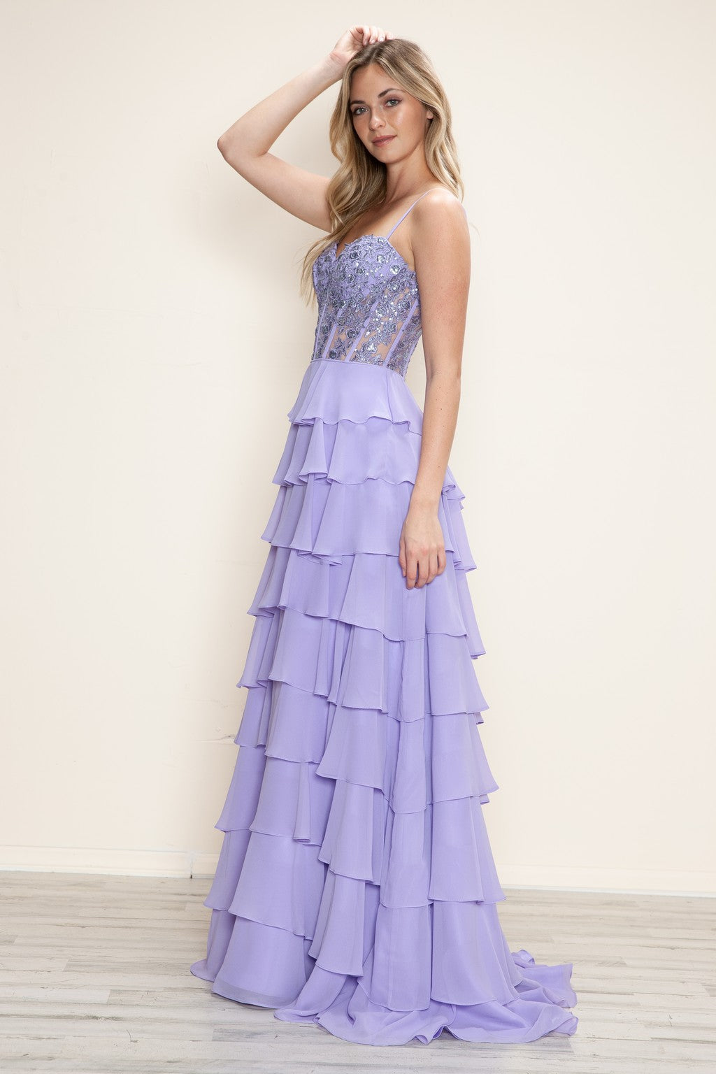 Prom Dresses Long Formal A Line Tiered Applique Prom Dress Lavender