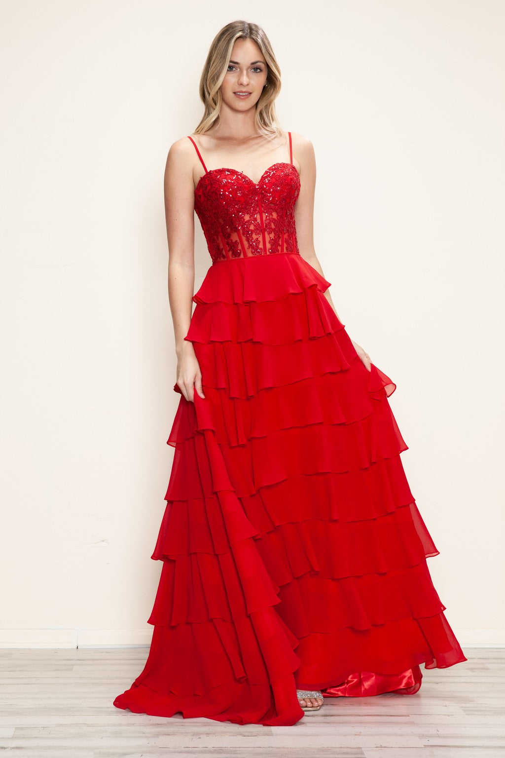 Prom Dresses Long Formal A Line Tiered Applique Prom Dress Red