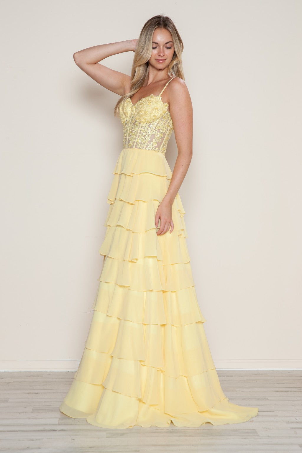 Prom Dresses Long Formal A Line Tiered Applique Prom Dress Yellow