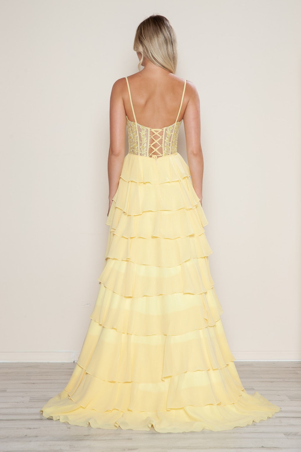 Prom Dresses Long Formal A Line Tiered Applique Prom Dress Yellow