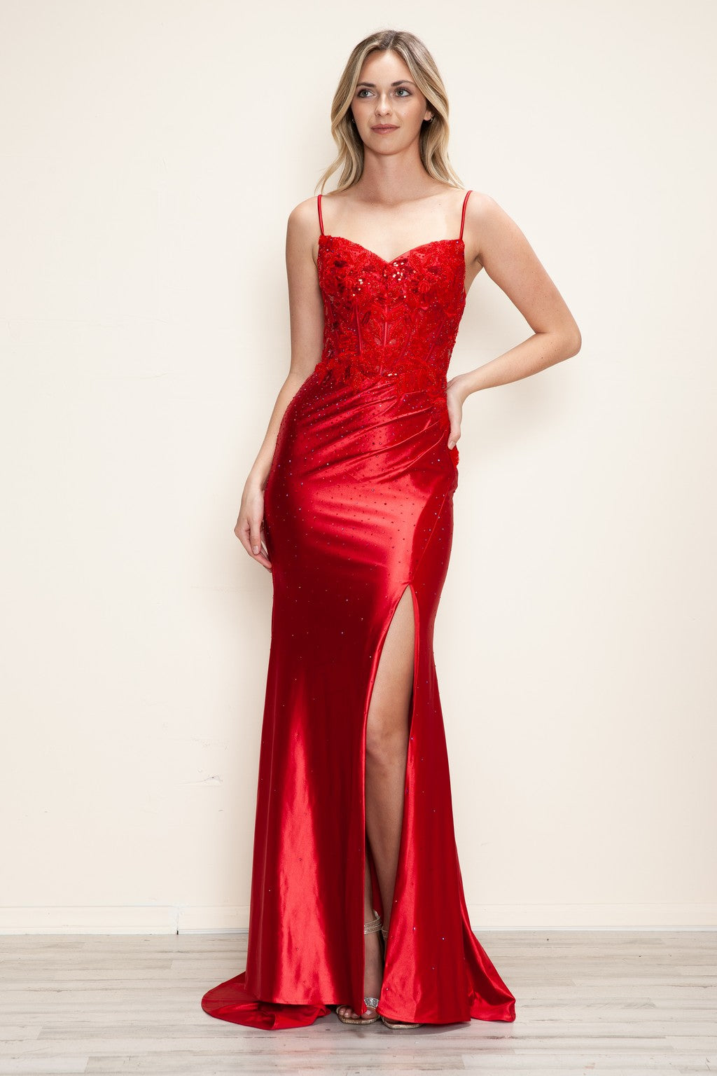 Prom Dresses Long Fitted Formal Applique Slit Prom Dress Red