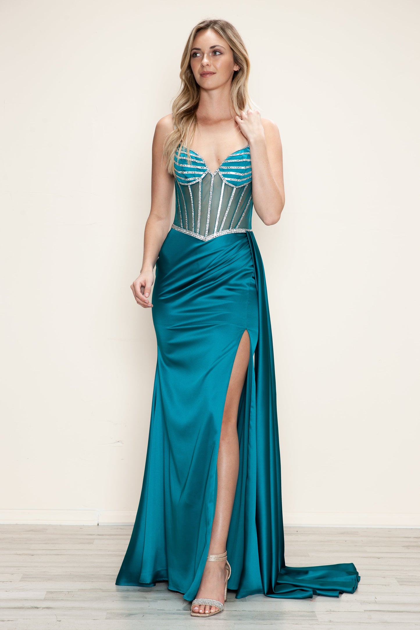 Prom Dresses Long Prom Beaded Slit Formal Fitted Dress Teal