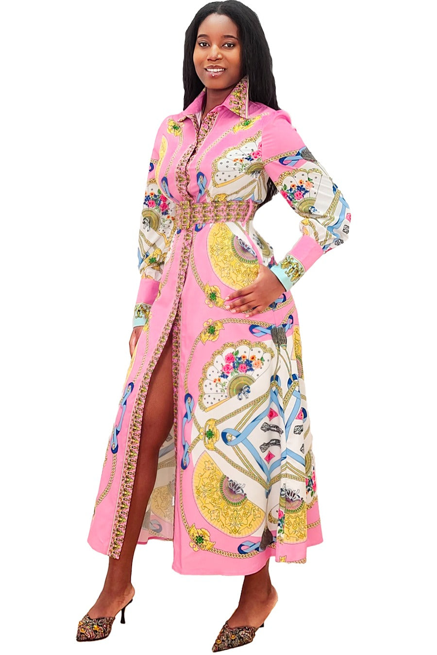 Formal Dresses Long Sleeve Fan Print Pockets Dress Pink