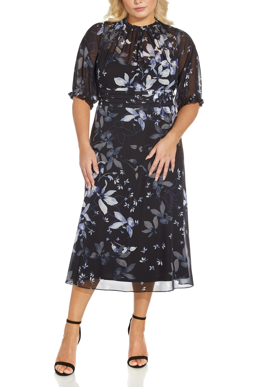 Plus Size Dresses Short Floral Print Plus Size Midi Dress Black Blue Multi