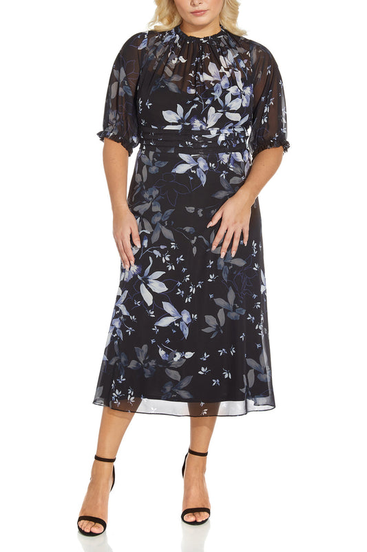 Plus Size Dresses Short Floral Print Plus Size Midi Dress Black Blue Multi