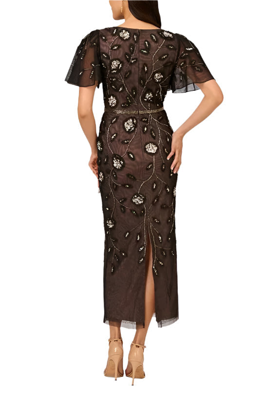 Formal Dresses Beaded Formal Sequin Tea Length Dress Black Rose Gold
