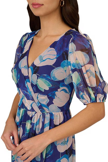 Formal Dresses Floral Long Print Formal Pleated Evening Dress Blue Multi