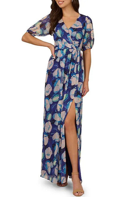 Formal Dresses Floral Long Print Formal Pleated Evening Dress Blue Multi