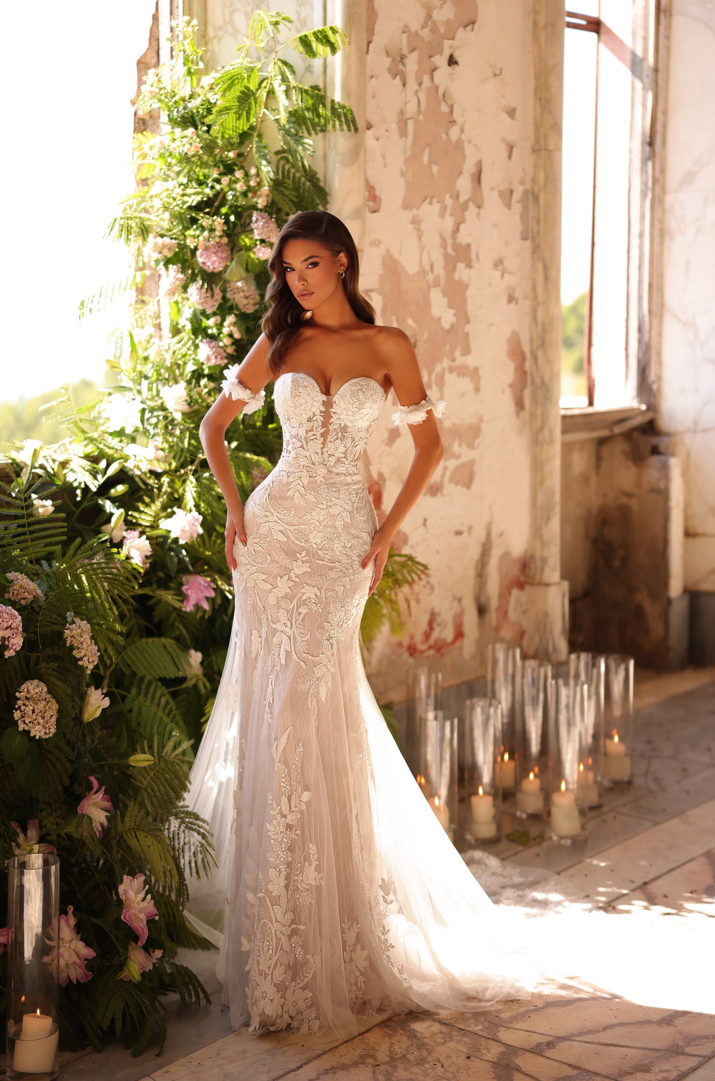 Wedding Dresses Fitted Bridal Gown Lace Long Wedding Dress Ivory/Nude