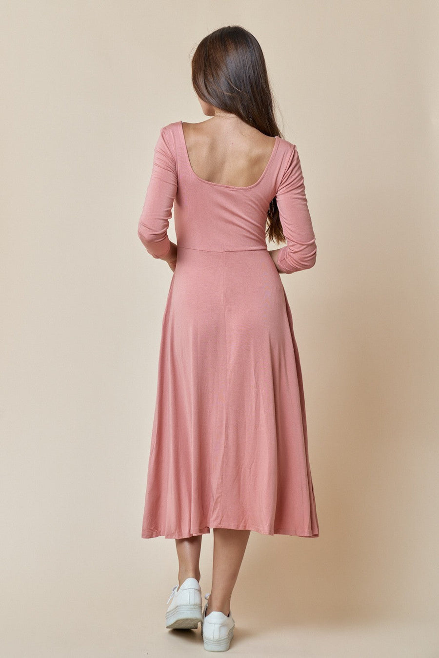 Cocktail Dresses Long Sleeve Square Neck Skater Pocket Midi Dress Salmon
