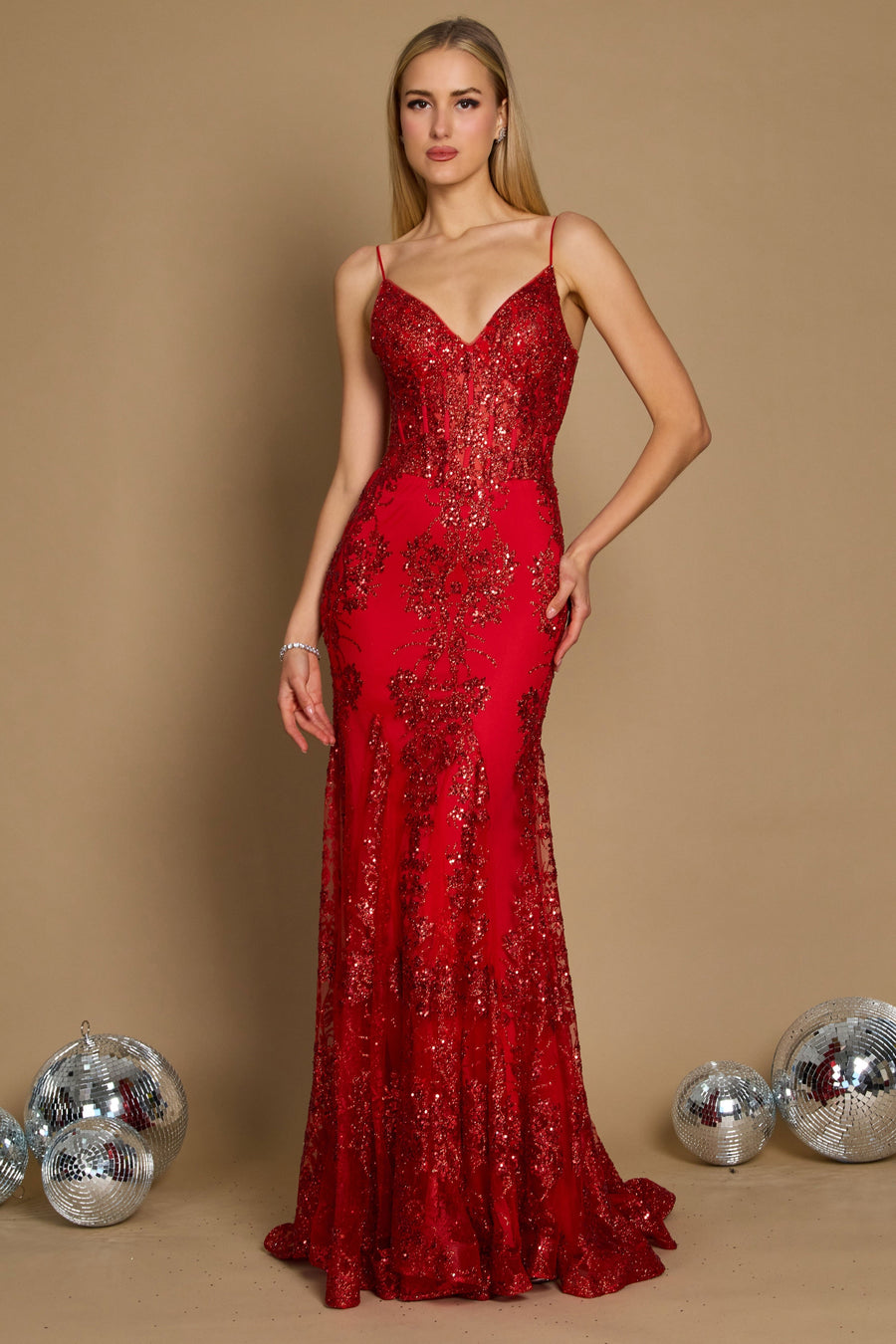 A stunning red fitted corset long formal prom dress, elegantly designed to accentuate the waist and create a flattering silhouette, featuring intricate detailing and a flowing skirt that cascades to the floor.