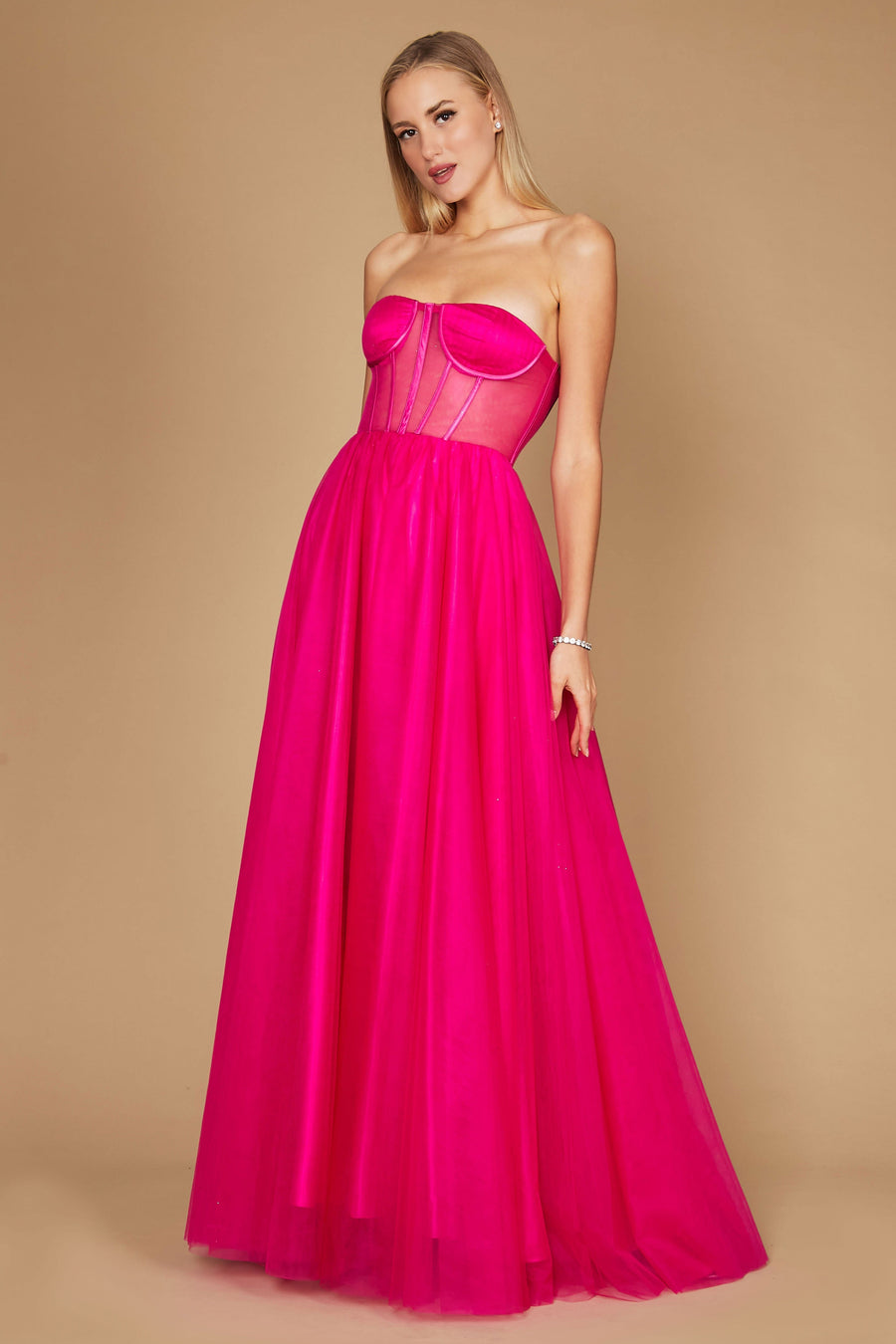 A stunning fuchsia corset prom party dress featuring intricate detailing, designed for formal occasions, with a flowing ball gown silhouette that exudes elegance and sophistication.