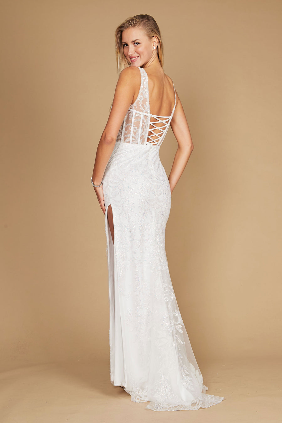 A stunning white formal prom dress featuring a sequin corset bodice, elegantly designed to enhance the silhouette with shimmering details.