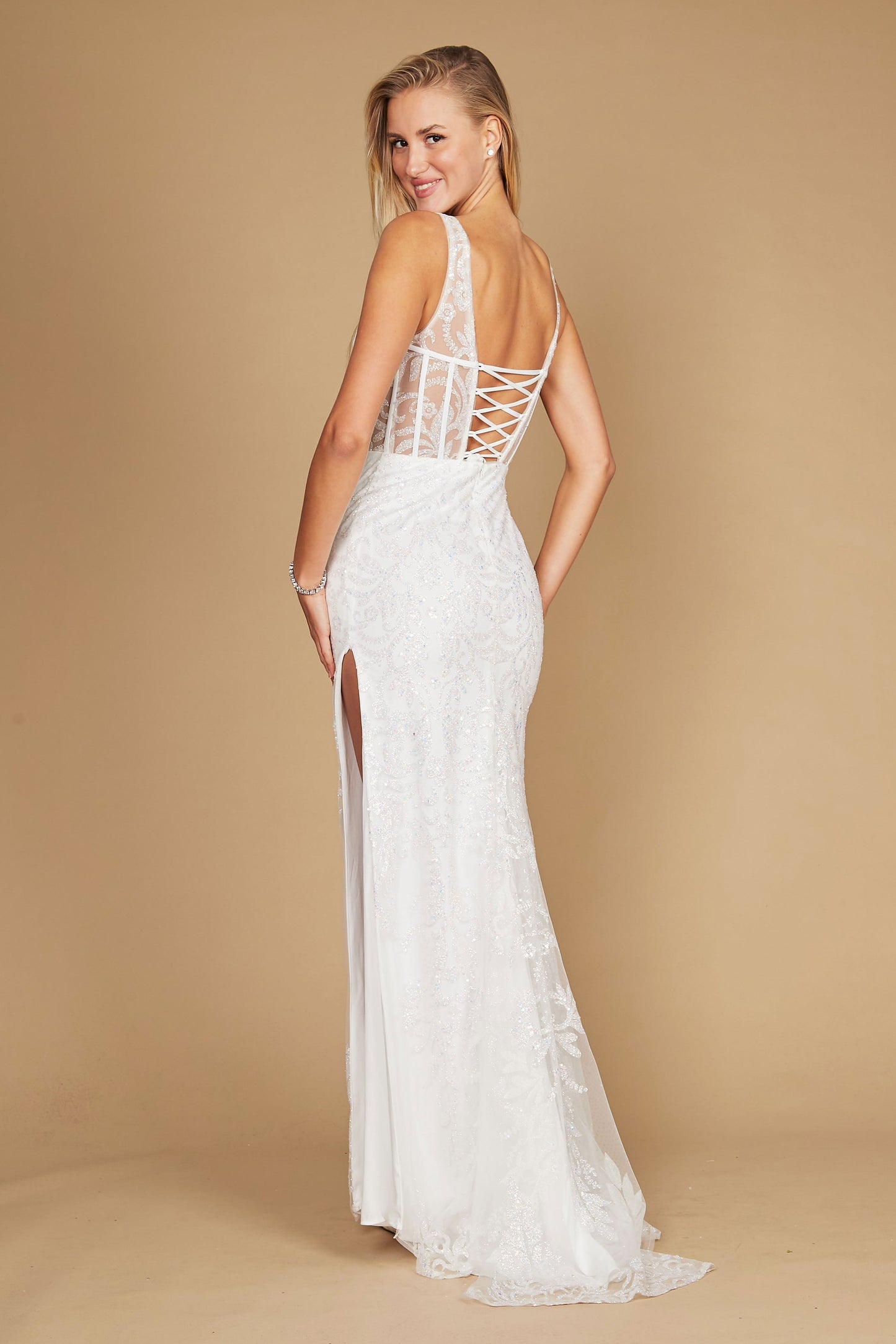 A stunning white formal prom dress featuring a sequin corset bodice, elegantly designed to enhance the silhouette with shimmering details.