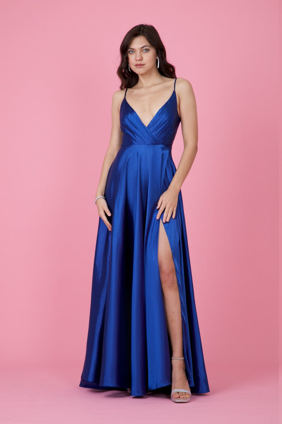 A stunning teal long flowy satin formal prom party dress, featuring elegant draping and a flattering silhouette, perfect for a glamorous evening event.