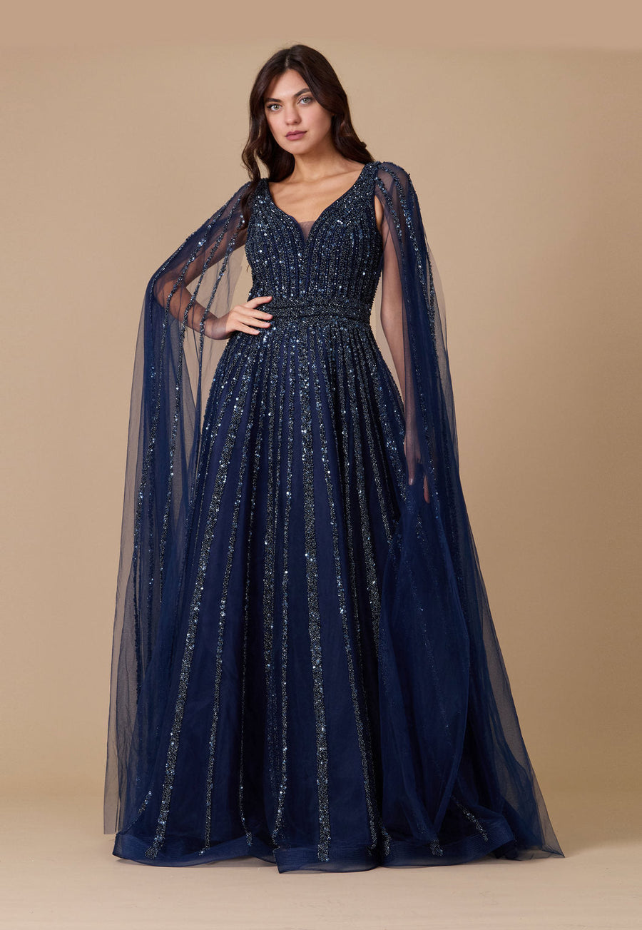 Formal Dresses Cape Sleeve Heavy Beaded Couture Formal Dress Navy