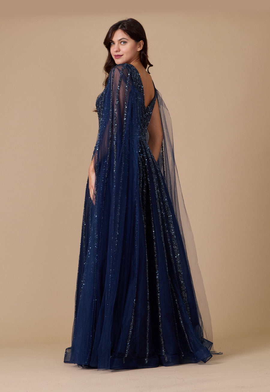 Formal Dresses Cape Sleeve Heavy Beaded Couture Formal Dress Navy