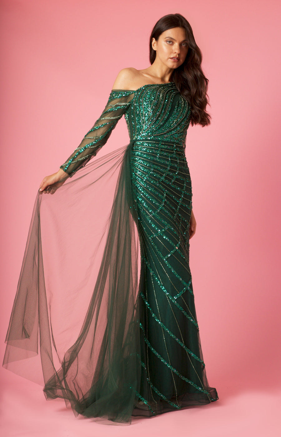 Formal Dresses Long Couture Long Sleeve Beaded Formal Dress Emerald Green