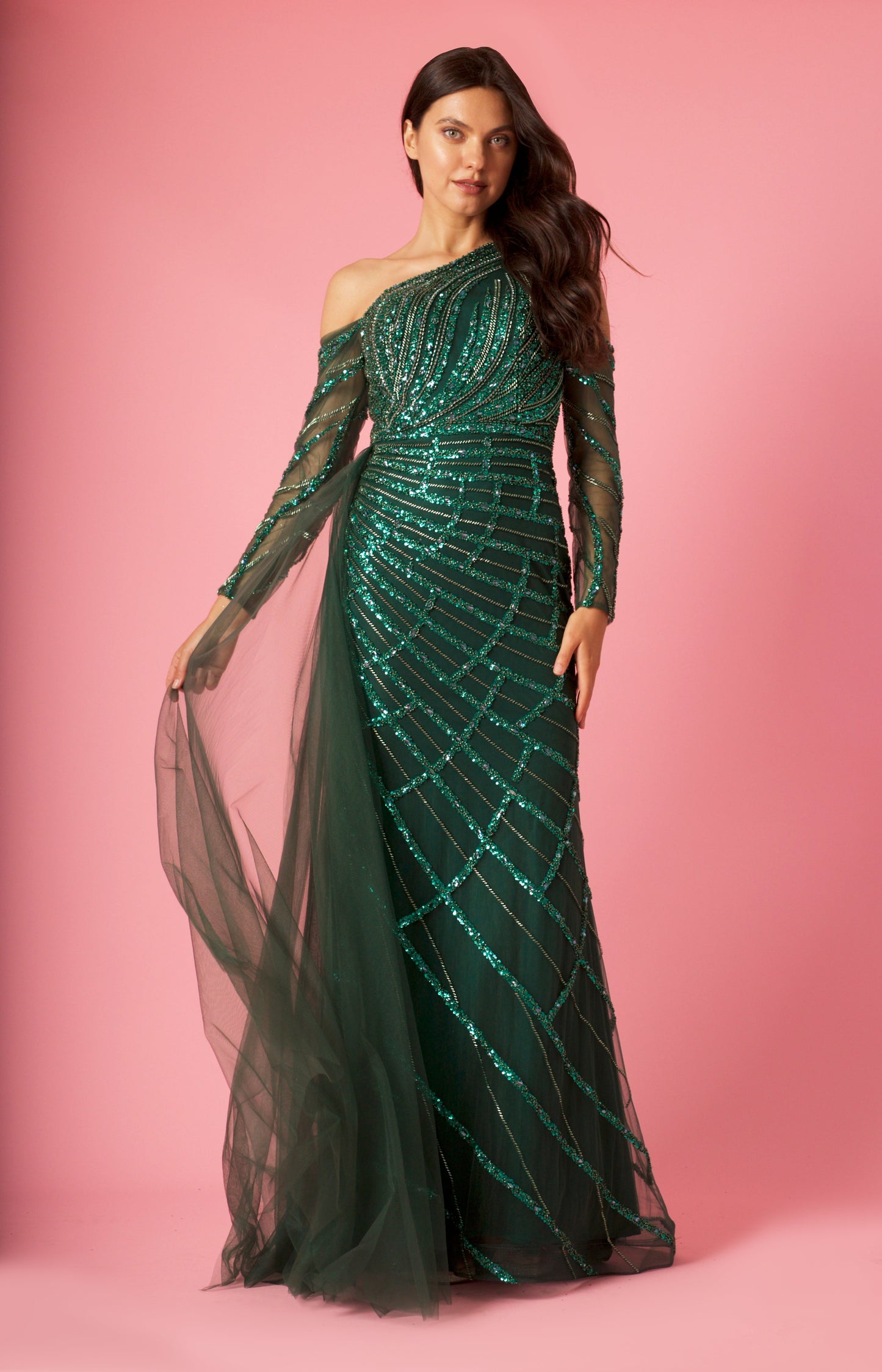 Formal Dresses Long Couture Long Sleeve Beaded Formal Dress Emerald Green