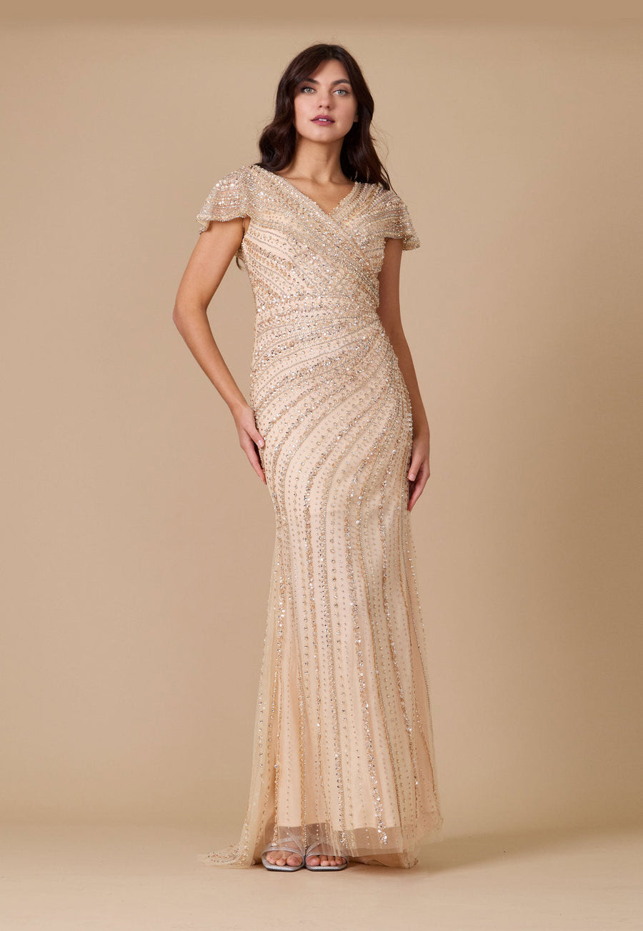 Formal Dresses Short Sleeve Hand Beaded Formal Couture Dress Gold