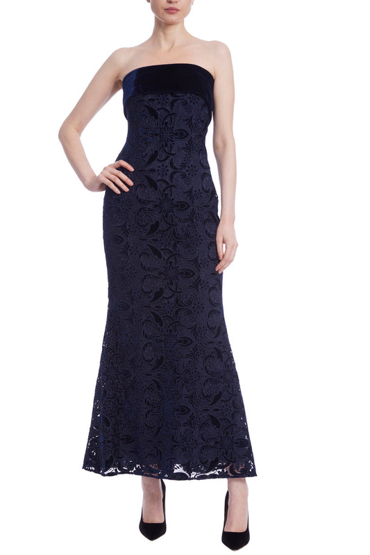 Formal Dresses Long Formal Lace Velvet Tea Length Dress Navy