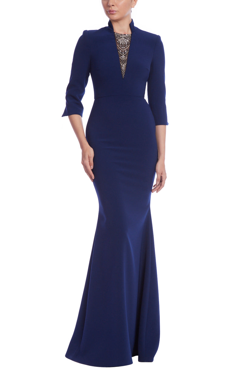 Formal Dresses Fitted Long Formal Beaded Evening Dress Navy