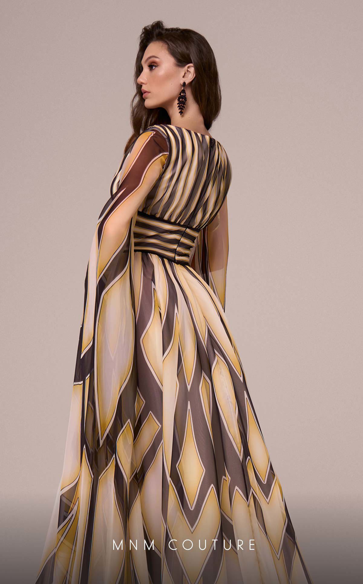 Formal Dresses Printe A Line Long Formal Cape Sleeve Evening Dress Black/Yellow